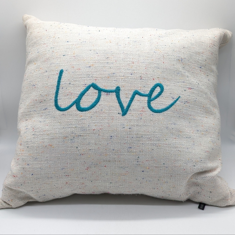 Rodeo Home 'LOVE'  White Blue Colorful Speckled Accent Pillow
